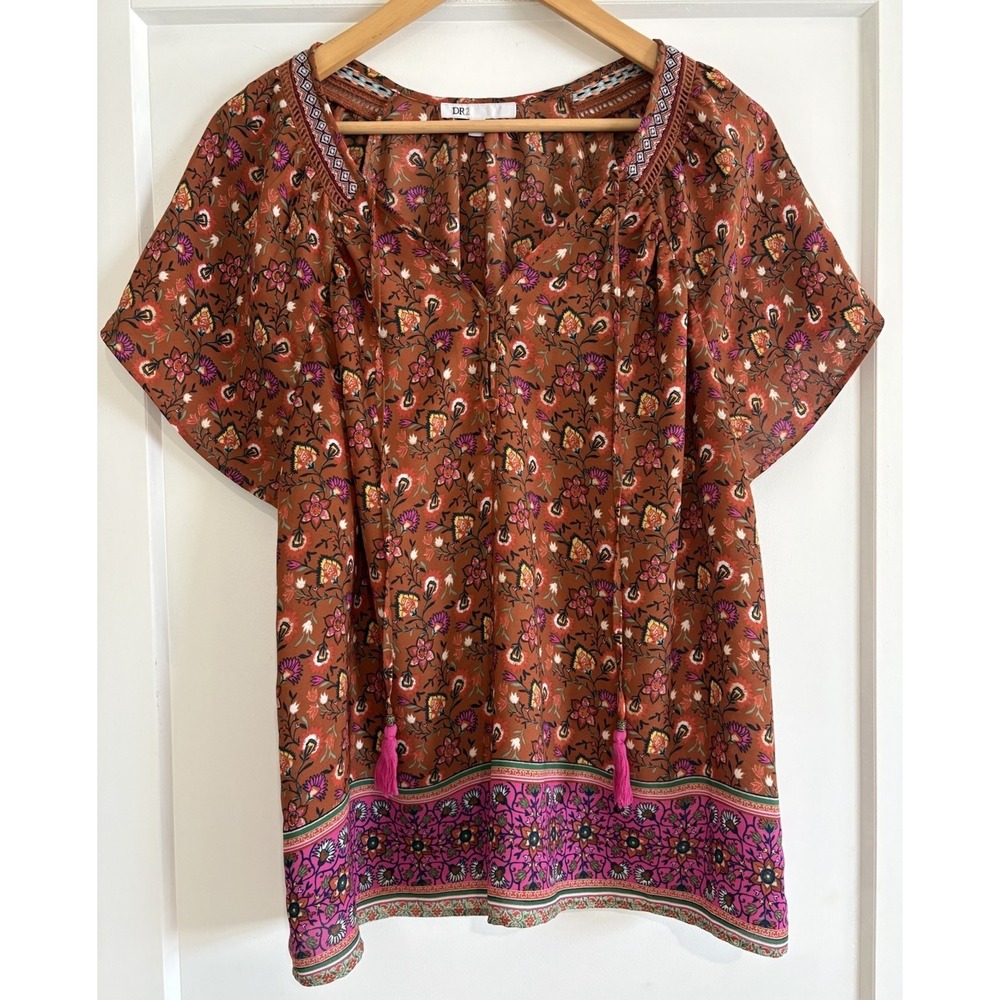 DR2 by Daniel Rainn Boho Floral Tassel Blouse M Short Sleeve Rust Pink Peasant